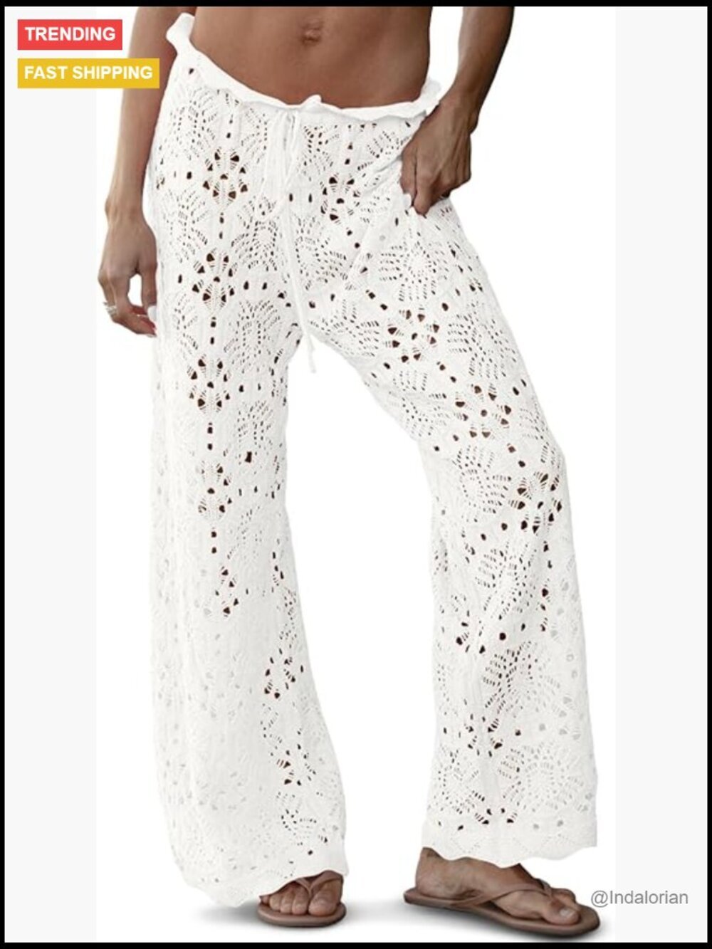 Womens Crochet Swimsuit Coverup Pants High Waisted Drawstring Sheer Knit Wide